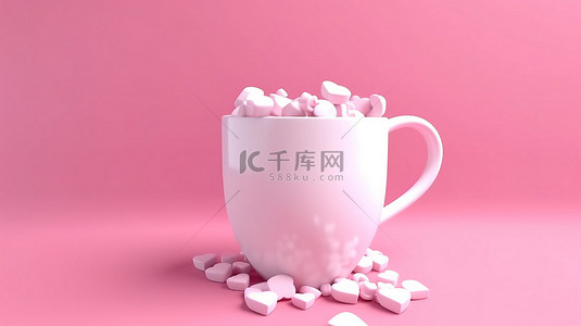 浪漫的杯子设计 3D 渲染的粉红色背景上的心