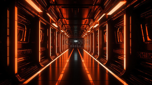 科幻插图霓虹橙色发光宇宙飞船走廊在黑色背景上的 3D 渲染