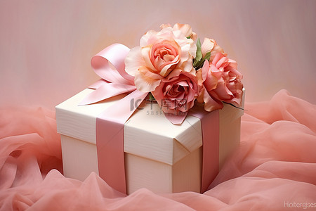 粉色花朵装饰背景图片_带粉色花朵和蝴蝶结的白色盒子
