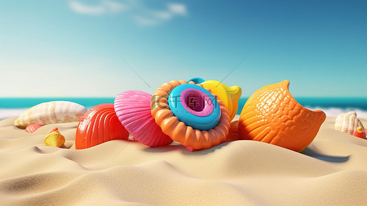 夏季度假的 3D 插图，配有充气海滩玩具贝壳人字拖和沙滩球，非常适合海滩爱好者