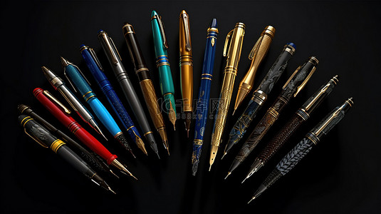 钢笔笔背景背景图片_3D 渲染中黑色背景上呈现的各种钢笔