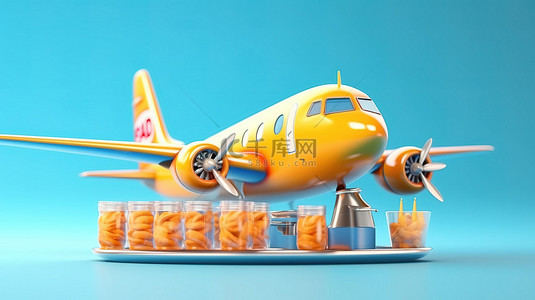啤酒飞机背景图片_3D 渲染的卡通飞机展示清凉饮料