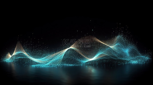 动态网络艺术抽象波浪中移动的点和线的 3D 渲染
