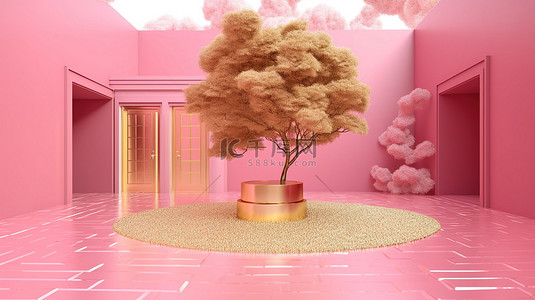 粉红色的地板拥有房屋金币和树木的 3d 渲染
