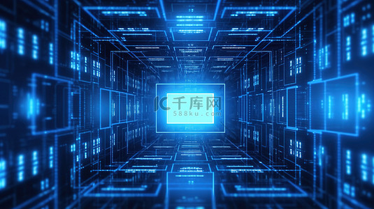 蓝色、数字背景图片_蓝色发光编码编程背景的 3D 渲染，带有大方形模型框架，非常适合大数据和代码概念设计