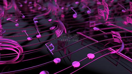 抽象卡通音乐音符背景图片_黑色乐谱上勾画的粉色音符简约卡通设计 3D 图像