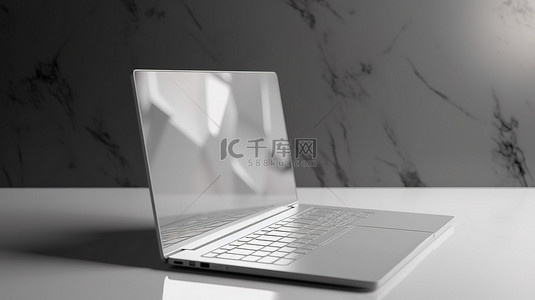 桌面背景咖啡背景图片_在灰色背景下以 3d 呈现的白色屏幕中的笔记本电脑模型