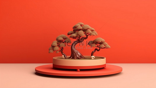 时尚的日本讲台和盆景树在充满活力的长春花背景上用于 3D 产品展示