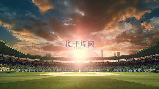 天上的板球场云飘过阳光明媚的天空，镜头耀斑 3D 渲染