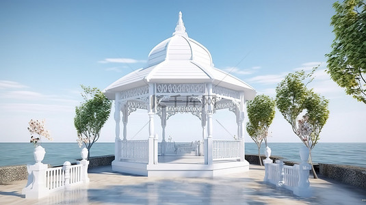 玫瑰婚礼背景背景图片_令人惊叹的海岸 3d 背景中的婚礼亭