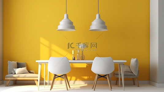 餐厅的 3D 渲染，配有吊灯白色椅子和黄色口音椅子
