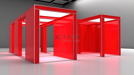 展位模型背景图片_室内展览贸易展位的独立 3D 渲染，红色和白色，具有可编辑路径