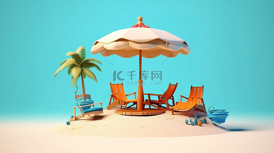 卡通海滩度假背景图片_卡通岛度假 3D 渲染沙绿洲，配有雨伞和躺椅