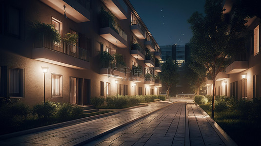 渲染的 3D 图像显示一个迷人的街区，街道光线充足，可爱的公寓旁边有一条迷人的走道