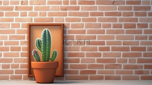 空白卡背景图片_卡通风格人造仙人掌在盆中的 3D 渲染，空白框架放置在砖墙前，极其特写