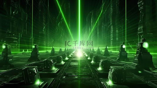 科技背景暗背景图片_未来背景下绿色激光束视频游戏概念的 3D 渲染