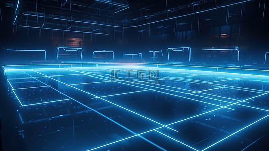 一个未来主义的虚拟游乐场 3d 霓虹灯曲棍球场从一个独特的角度