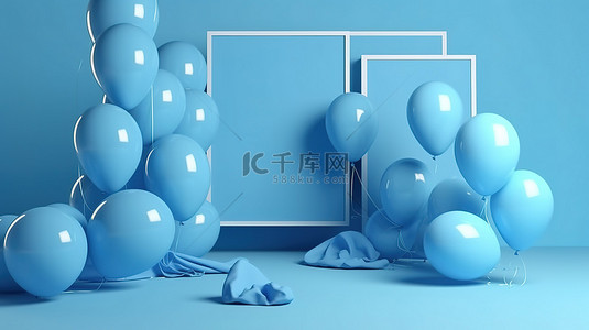 蓝色主题背景图片_蓝色主题 3d 渲染气球背景上的空白纸空间和礼物
