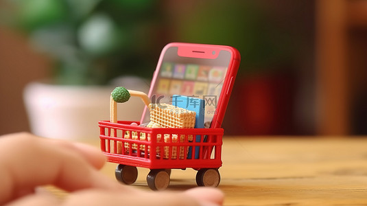 电子商务和储蓄将手机放在购物车中以说明数字购买 3D 渲染