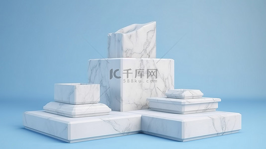 白色瓶护肤品背景图片_蓝色背景展示了白色大理石基座的孤立 3D 效果图