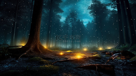 夜间黑暗森林的神秘 3D 插图，黑色树干在雾蒙蒙的气氛中被闪烁的萤火虫照亮