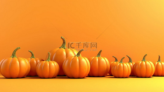 秋季销售喜悦橙色背景上南瓜的充满活力的 3D 横幅渲染