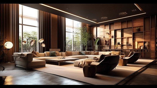 现代舒适的酒店大堂，拥有时尚的室内设计和 3D 渲染中捕捉的轻松休息区
