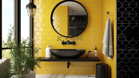 浴室洗脸盆背景图片_现代浴室设计采用黄色马赛克装饰墙，光滑的矩形镜子和 3D 可视化的圆形黑色洗脸盆