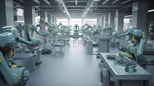 工厂机器人背景图片_工厂 3D 渲染机器人装配线中的机器人生产