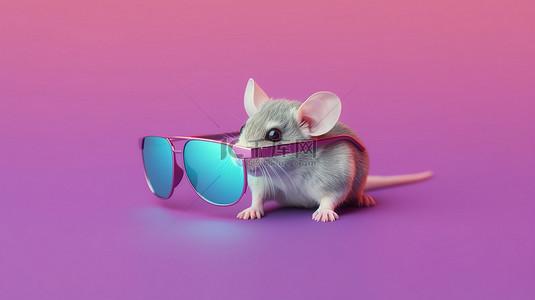 紫色背景上 PC 鼠标和浮雕 3D 眼镜的简约顶视图