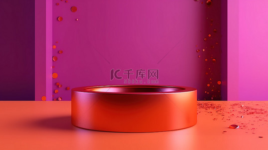 光滑的紫色金属环和散景圆装饰橙色 3D 讲台与粉红色单色背景