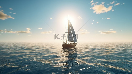 阳光亲吻的海上航行 一艘在炽热的阳光下航行的船的 3D 渲染
