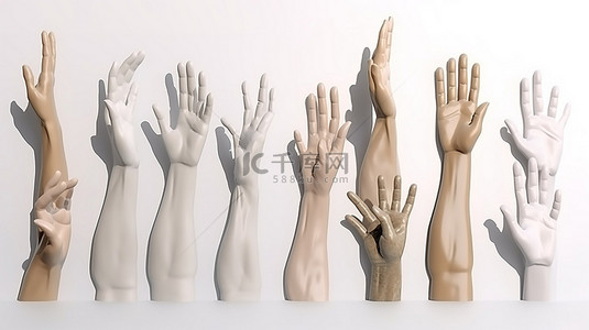 简单的卡通风格手在 3D 插图中用白色背景上孤立的手展示的各种手势