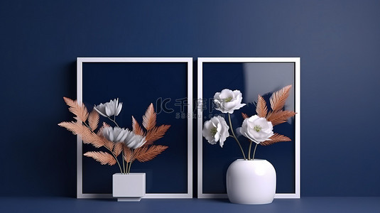 喜怒无常的蓝色背景 3D 渲染上的花卉和绿色植物填充双框模型