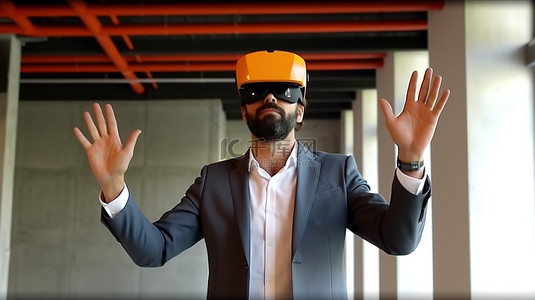 3D 虚拟现实建筑师戴着橙色头盔，用手高品质图像做手势