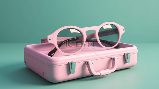 浅粉色背景背景图片_浅粉色手提箱，带眼镜，蓝色背景中孤立的 3D 渲染