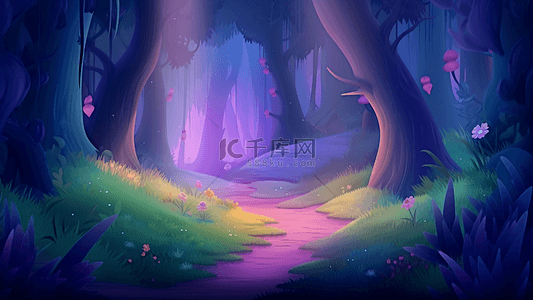 梦幻蘑菇背景图片_森林树彩色路背景