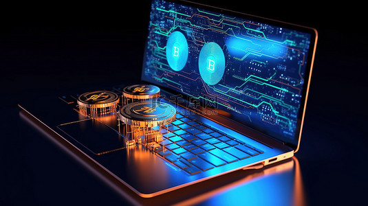 电脑加密背景图片_使用笔记本电脑和比特币加密货币进行商业财务的 3D 插图