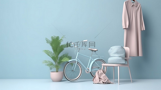 推土机卡通背景图片_抽象柔和的场景，带有服装自行车椅和衣架上的植物 3D 渲染