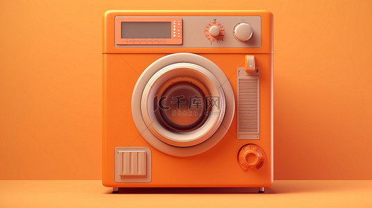 洗衣背景背景图片_3D 渲染烘干机在充满活力的橙色平面颜色背景