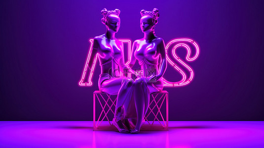 辐射紫色背景与 3D 渲染先生和夫人霓虹灯标志情人节