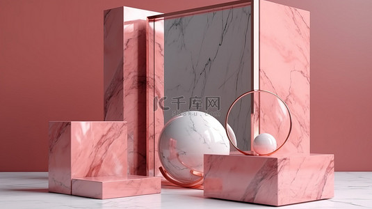 镜面地板背景图片_3d 渲染中的大理石立方体和镜面粉色支架