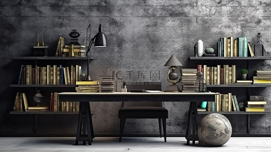 极简主义混凝土书桌和书架展示了现代和古典文学的混合 3D 渲染图像
