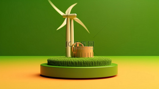 生态友好型讲台，配有风力涡轮机和回收符号，用于可持续显示 3D 渲染