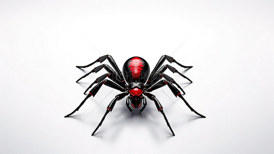 万圣节幽灵恐怖背景图片_令人毛骨悚然的蜘蛛，一只黑色蜘蛛，红色皮肤细节完美适合万圣节和恐怖主题 3D 插图从背面