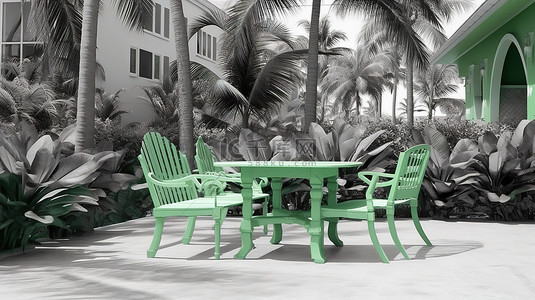 暑假户外背景图片_带有椰子树和长凳的户外咖啡馆的单色绿色 3D 渲染