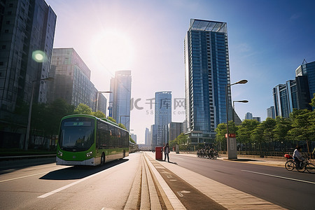 行人背景图片_韩国龙仁市中心街景高楼大厦公交车自行车行人