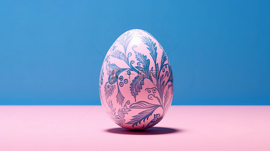 带有双色调蓝色复活节彩蛋装饰的粉红色背景的 3D 渲染