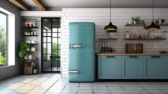 优雅的白色厨房，带有流行的蓝色和别致的黑板墙 3D 渲染