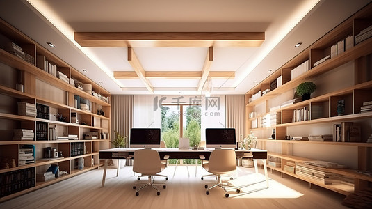办公室内家居背景图片_时尚的办公空间，拥有令人惊叹的天花板设计优质学习桌和别致的架子 3D 渲染